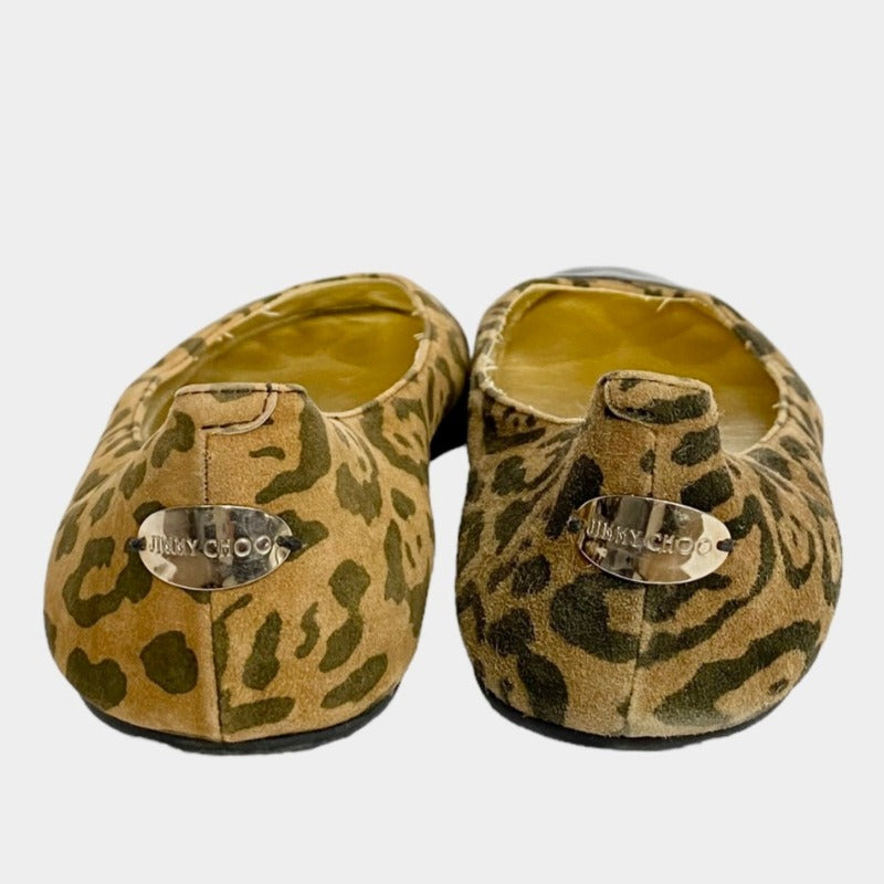 JIMMY CHOO Leopard Print Suede, Patent Leather Cap Toe Flat Ballet Shoes, 38.5