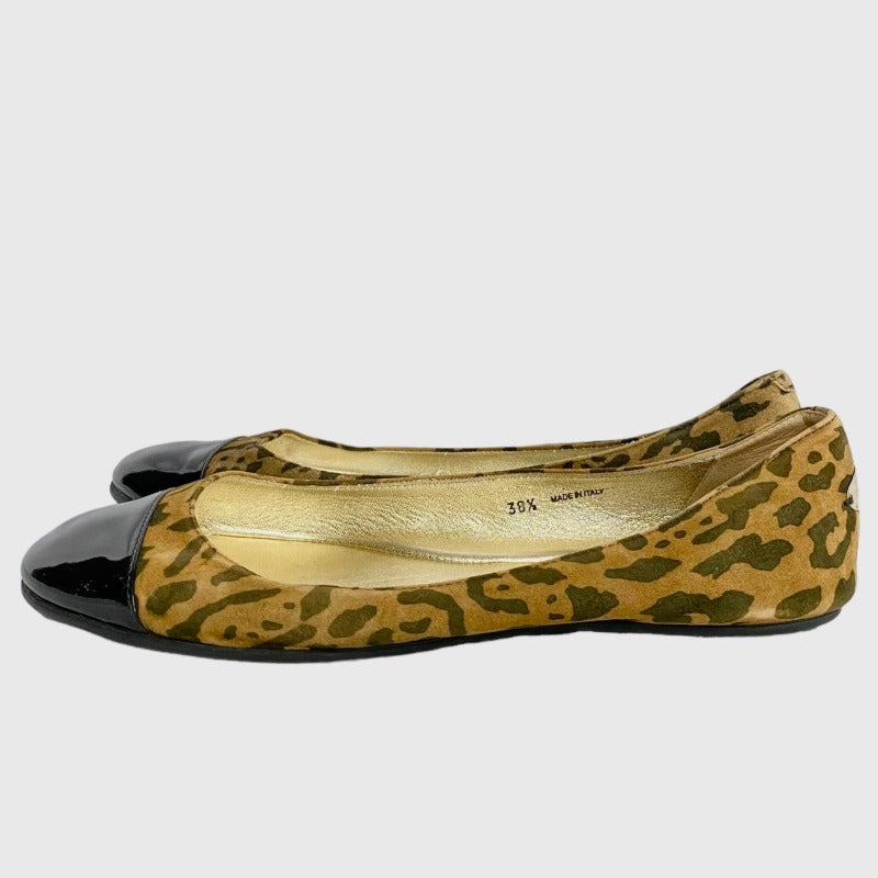 JIMMY CHOO Leopard Print Suede, Patent Leather Cap Toe Flat Ballet Shoes, 38.5