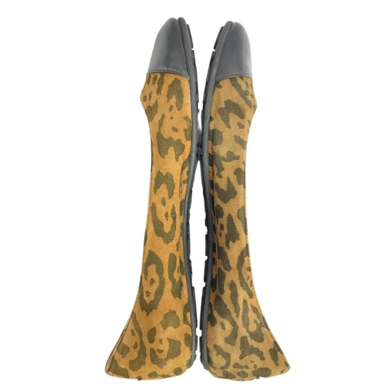 JIMMY CHOO Leopard Print Suede, Patent Leather Cap Toe Flat Ballet Shoes, 38.5