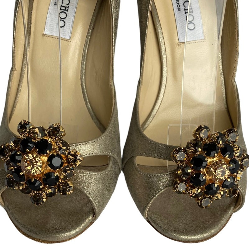 JIMMY CHOO Metallic Gold Leather Flower Shape Crystals D'orsay Pumps, Size 38