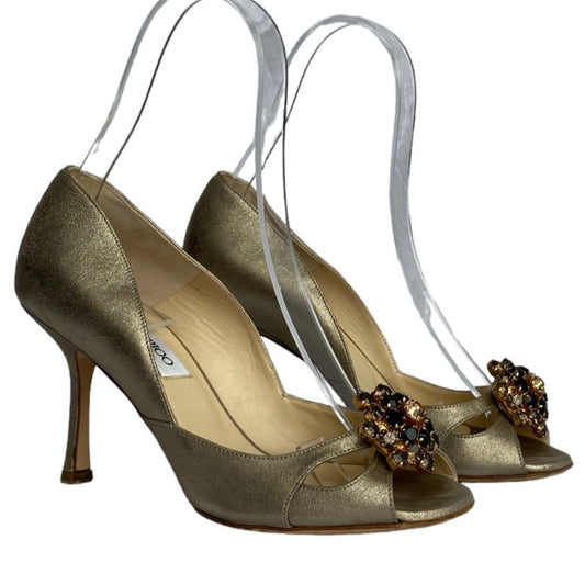 JIMMY CHOO Metallic Gold Leather Flower Shape Crystals D'orsay Pumps, Size 38