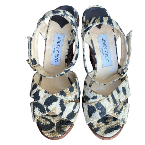 JIMMY CHOO Phoenix Animal Print Canvas Espadrille Wedge Sandals, Size 39