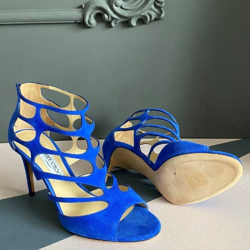 NEW JIMMY CHOO Ren 100 Cobalt Blue Suede Caged Heeled Sandals, Size 40.5