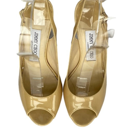 JIMMY CHOO Shaw Nude Patent Leather Peep-Toe Platform Slingback Sandals, 37.5