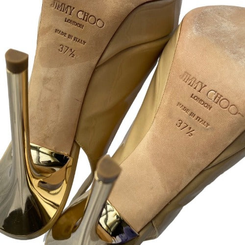 JIMMY CHOO Shaw Nude Patent Leather Peep-Toe Platform Slingback Sandals, 37.5