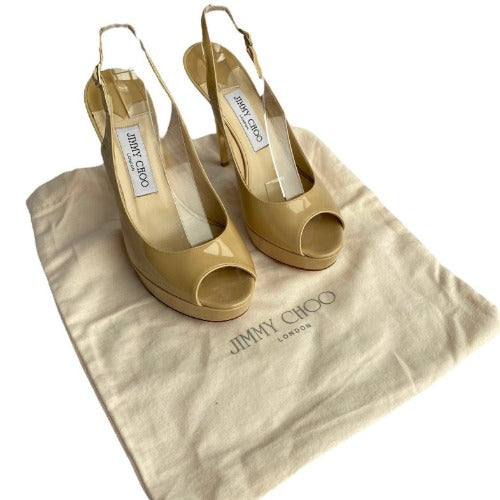 JIMMY CHOO Shaw Nude Patent Leather Peep-Toe Platform Slingback Sandals, 37.5