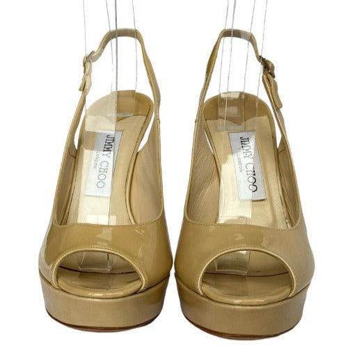 JIMMY CHOO Shaw Nude Patent Leather Peep-Toe Platform Slingback Sandals, 37.5