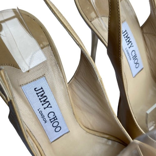 JIMMY CHOO Shaw Nude Patent Leather Peep-Toe Platform Slingback Sandals, 37.5