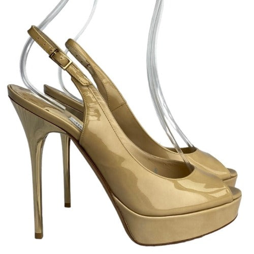 JIMMY CHOO Shaw Nude Patent Leather Peep-Toe Platform Slingback Sandals, 37.5