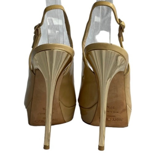 JIMMY CHOO Shaw Nude Patent Leather Peep-Toe Platform Slingback Sandals, 37.5