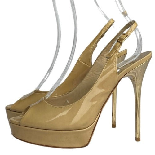 JIMMY CHOO Shaw Nude Patent Leather Peep-Toe Platform Slingback Sandals, 37.5
