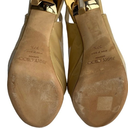 JIMMY CHOO Shaw Nude Patent Leather Peep-Toe Platform Slingback Sandals, 37.5