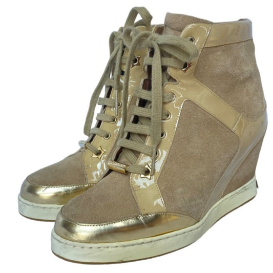 $795 JIMMY CHOO Panama Beige Suede & Patent Leather Wedge Sneakers, Size 36.5
