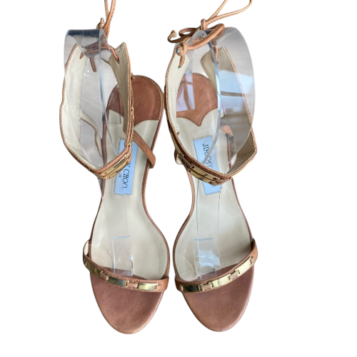 JIMMY CHOO Brown Leather Gold Detail Ankle Tie Heeled Sandals, Size 40.5