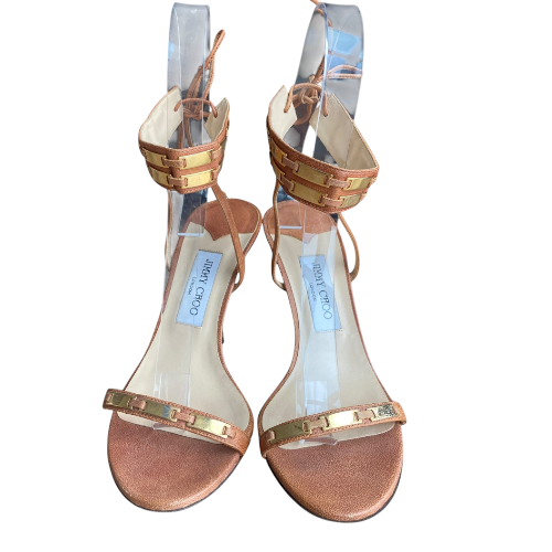JIMMY CHOO Brown Leather Gold Detail Ankle Tie Heeled Sandals, Size 40.5