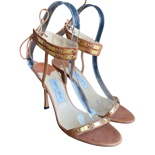 JIMMY CHOO Brown Leather Gold Detail Ankle Tie Heeled Sandals, Size 40.5