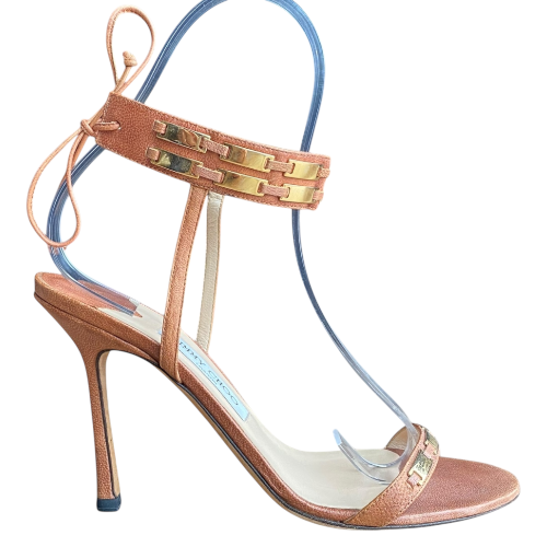 JIMMY CHOO Brown Leather Gold Detail Ankle Tie Heeled Sandals, Size 40.5
