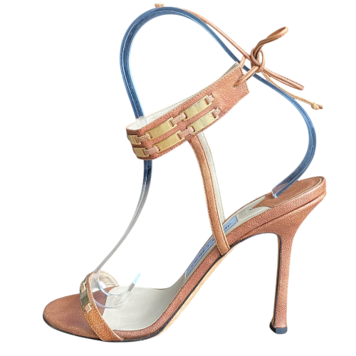 JIMMY CHOO Brown Leather Gold Detail Ankle Tie Heeled Sandals, Size 40.5