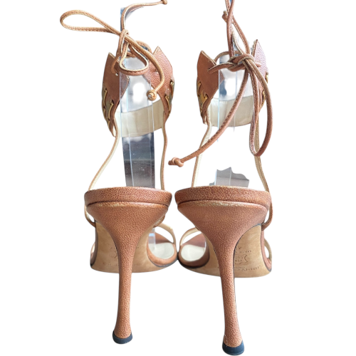 JIMMY CHOO Brown Leather Gold Detail Ankle Tie Heeled Sandals, Size 40.5