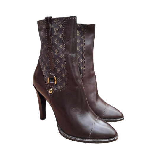 NEW LOUIS VUITTON Brown Leather Mini Lin Jodie Monogram Ankle Boots, Size 40