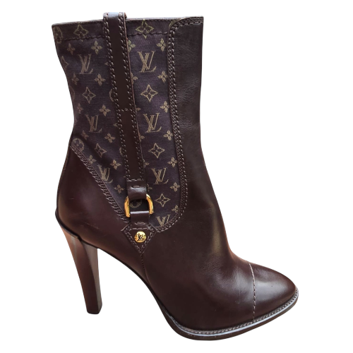 NEW LOUIS VUITTON Brown Leather Mini Lin Jodie Monogram Ankle Boots, Size 40