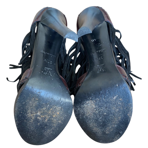 LOUIS VUITTON Dakota Burgundy Leather Fringe Lace Up Peep Toe Pumps, Size 37.5