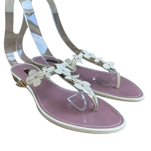LOUIS VUITTON White Leather Flower Applique Flat Thong Sandals, Size 37
