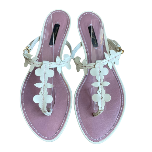 LOUIS VUITTON White Leather Flower Applique Flat Thong Sandals, Size 37