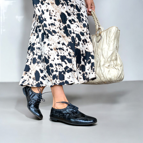 MIU MIU Black Patent Leather Perforated Elastic Back Brogue Oxford, Size 37