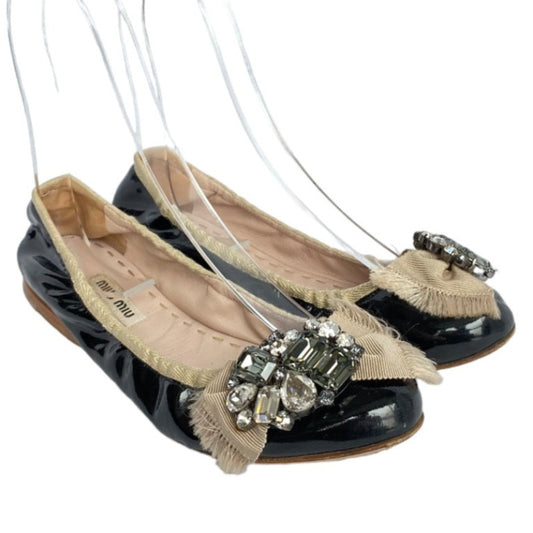 MIU MIU Black Patent Leather w Ribbon & Swarovski Crystals Ballerina Flats, Size 36.5