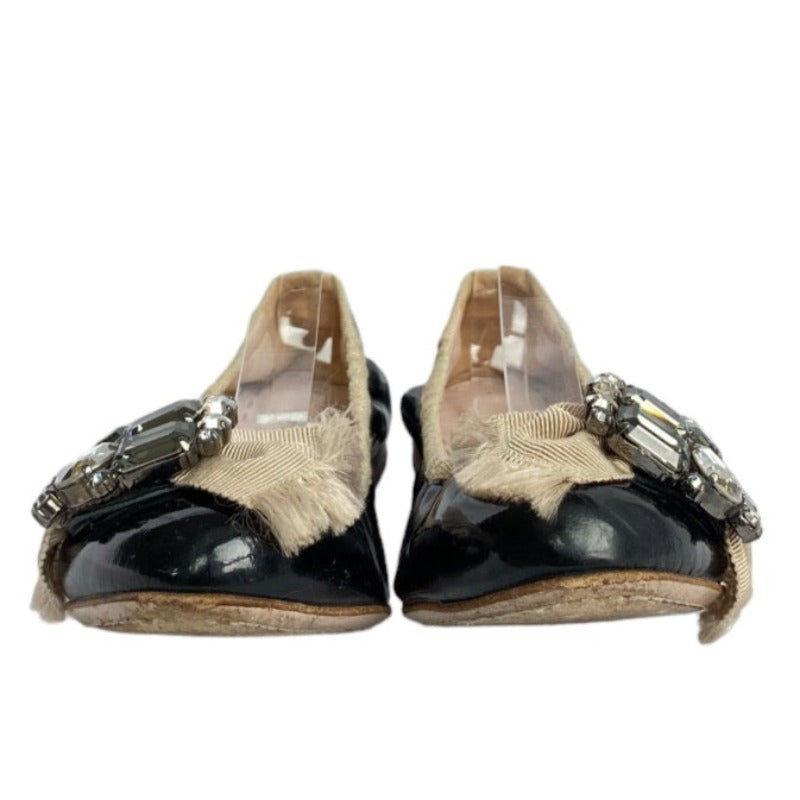 MIU MIU Black Patent Leather w Ribbon & Swarovski Crystals Ballerina Flats, Size 36.5