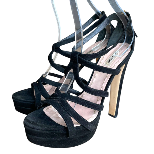 MIU MIU Black Suede Strappy Open Toe High Heel Sandals, Size 39