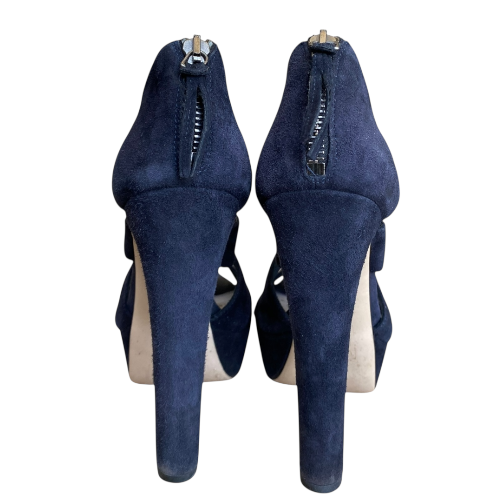 MIU MIU Dark Navy Suede Strappy Platform Heeled Sandals, Size 37