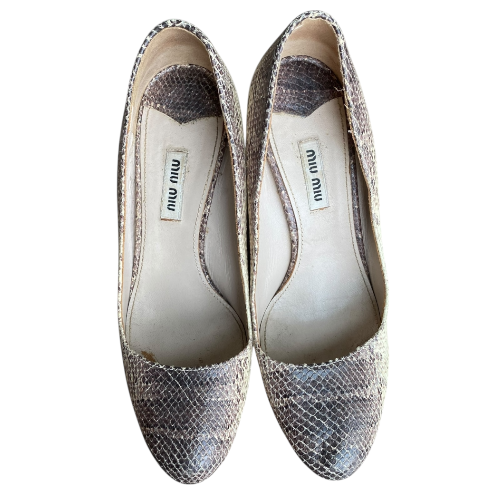 MIU MIU Two Tone Embossed Snakeskin Cork Wedge Pumps, Size 38
