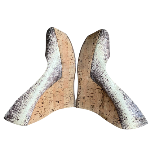 MIU MIU Two Tone Embossed Snakeskin Cork Wedge Pumps, Size 38