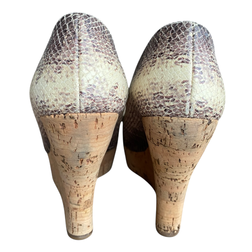 MIU MIU Two Tone Embossed Snakeskin Cork Wedge Pumps, Size 38