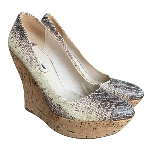 MIU MIU Two Tone Embossed Snakeskin Cork Wedge Pumps, Size 38