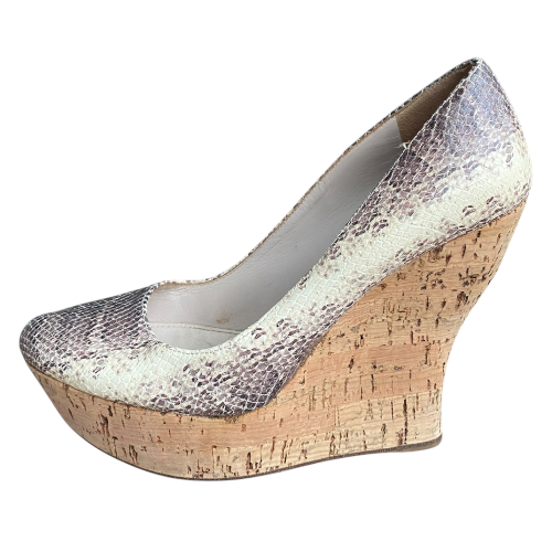 MIU MIU Two Tone Embossed Snakeskin Cork Wedge Pumps, Size 38