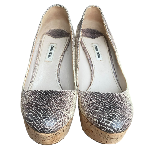 MIU MIU Two Tone Embossed Snakeskin Cork Wedge Pumps, Size 38
