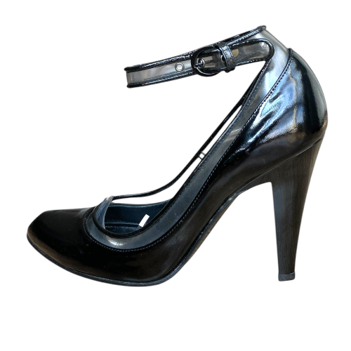 NEW CASADEI Black Patent, PVC Trim Pointed Toe Ankle Strap Pumps, Size 35.5