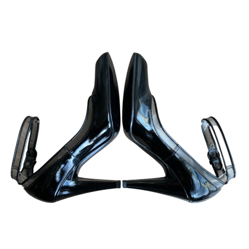 NEW CASADEI Black Patent, PVC Trim Pointed Toe Ankle Strap Pumps, Size 35.5