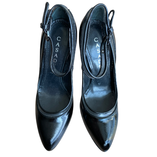 NEW CASADEI Black Patent, PVC Trim Pointed Toe Ankle Strap Pumps, Size 35.5