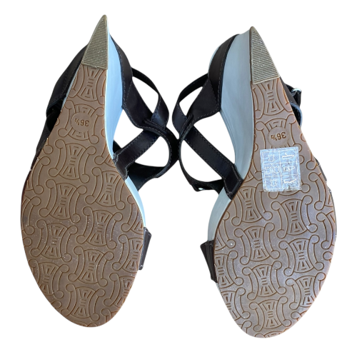 NEW CELINE Brown Leather T Strap White Leather Wedge Heel Sandals, Size 36.5