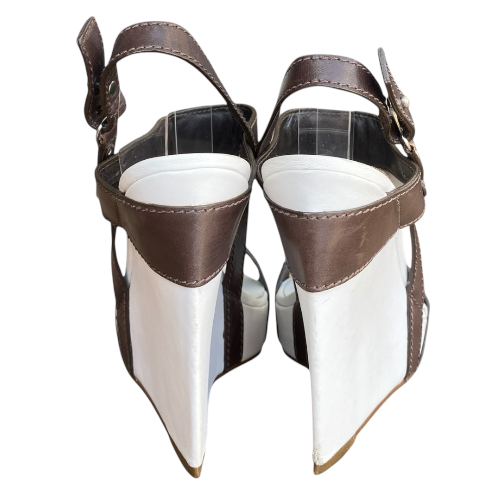 NEW CELINE Brown Leather T Strap White Leather Wedge Heel Sandals, Size 36.5