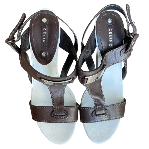 NEW CELINE Brown Leather T Strap White Leather Wedge Heel Sandals, Size 36.5