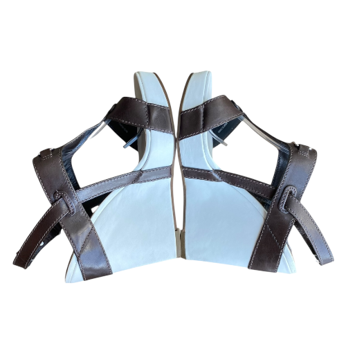 NEW CELINE Brown Leather T Strap White Leather Wedge Heel Sandals, Size 36.5