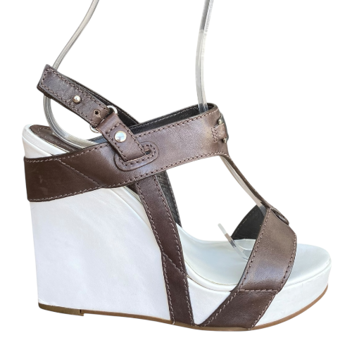 NEW CELINE Brown Leather T Strap White Leather Wedge Heel Sandals, Size 36.5