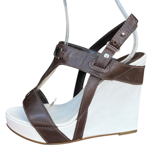 NEW CELINE Brown Leather T Strap White Leather Wedge Heel Sandals, Size 36.5