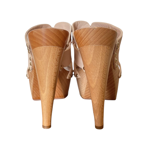 NEW CHRISTIAN DIOR Poudre Leather Strappy, Wood Clog Platform Mules, Size 37