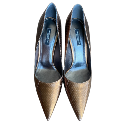 NEW DOLCE & GABBANA Metallic Brown Python Leather Pointed Toe Pumps, Size 38.5